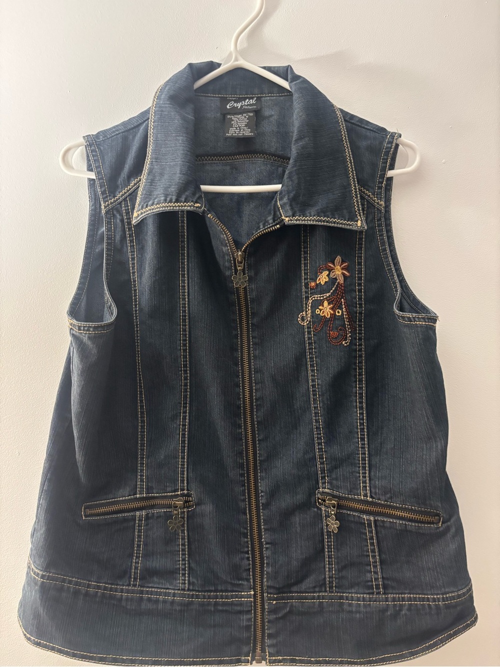 Dark Indigo Denim Zip-Front Vest with Floral Embroidery